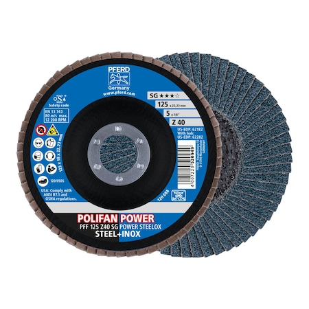 Pferd 5" x 7/8" A.H. POLIFAN Flap Disc - Z SG POWER STEELOX, Zirconia, 40 Grit, Flat 62182